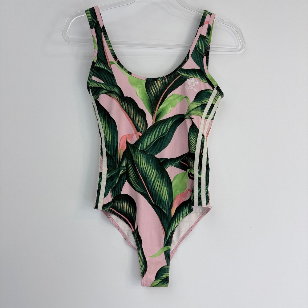 Adidas Originals Farm Rio Bodysuit Womens S Pink Green Tropical Leaf 3-Stripe - Picture 1 of 10